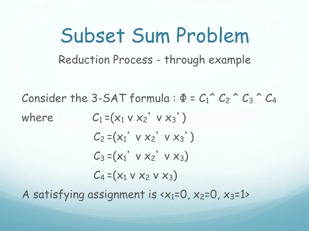 subset sum problem reduction process through