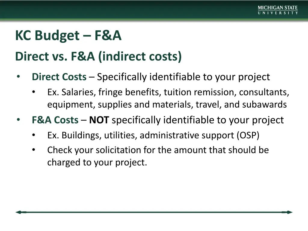 kc budget f a direct vs f a indirect costs