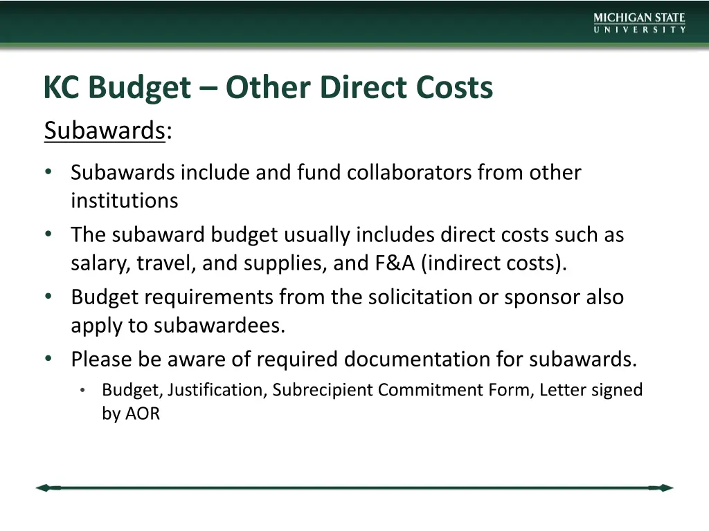 kc budget other direct costs subawards