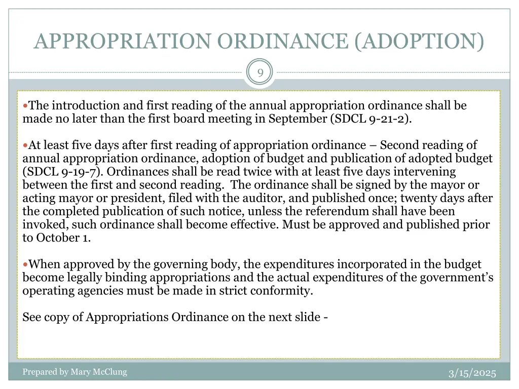 appropriation ordinance adoption