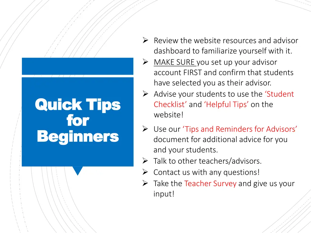 review the website resources and advisor