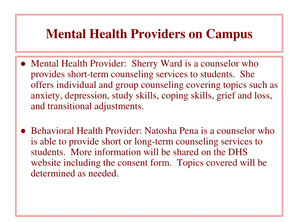 mental health providers on campus