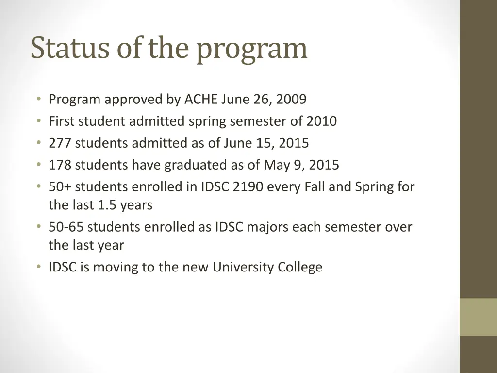 status of the program