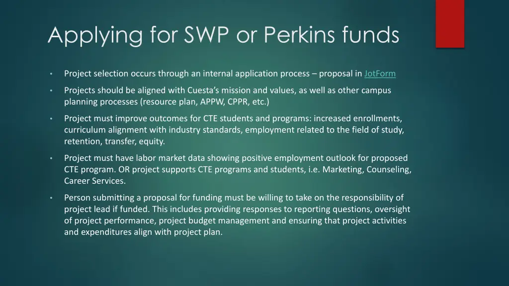 applying for swp or perkins funds
