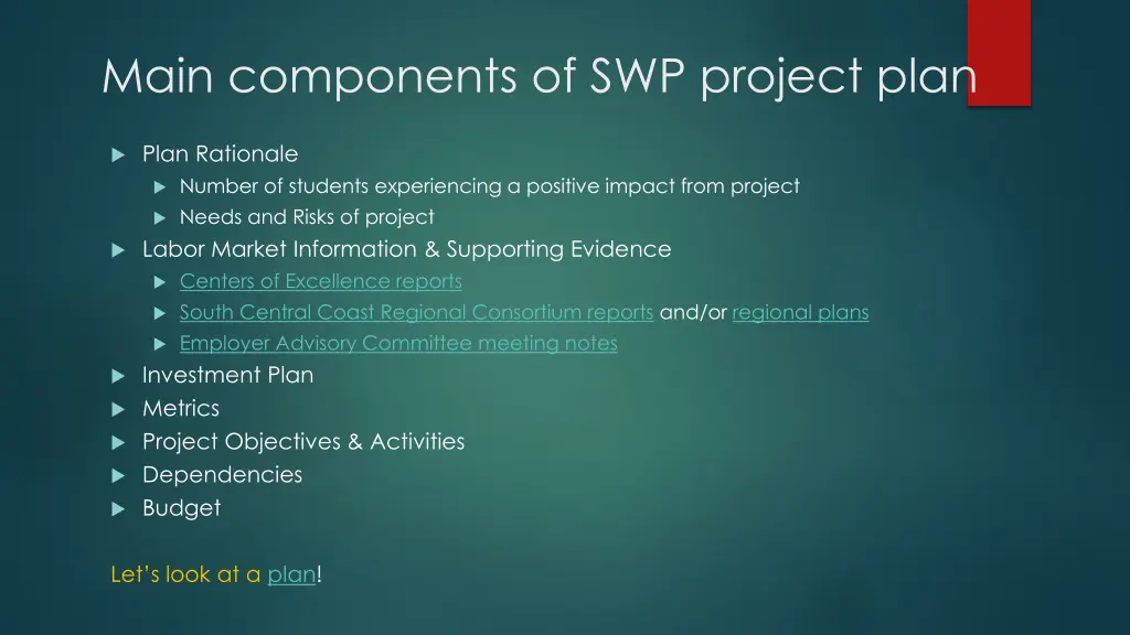 main components of swp project plan