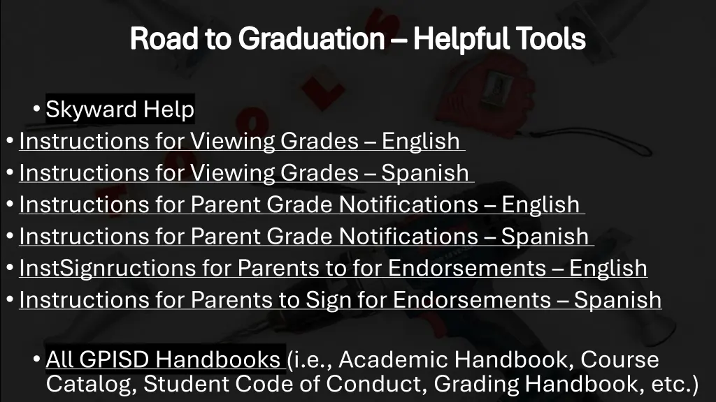 road to graduation helpful tools