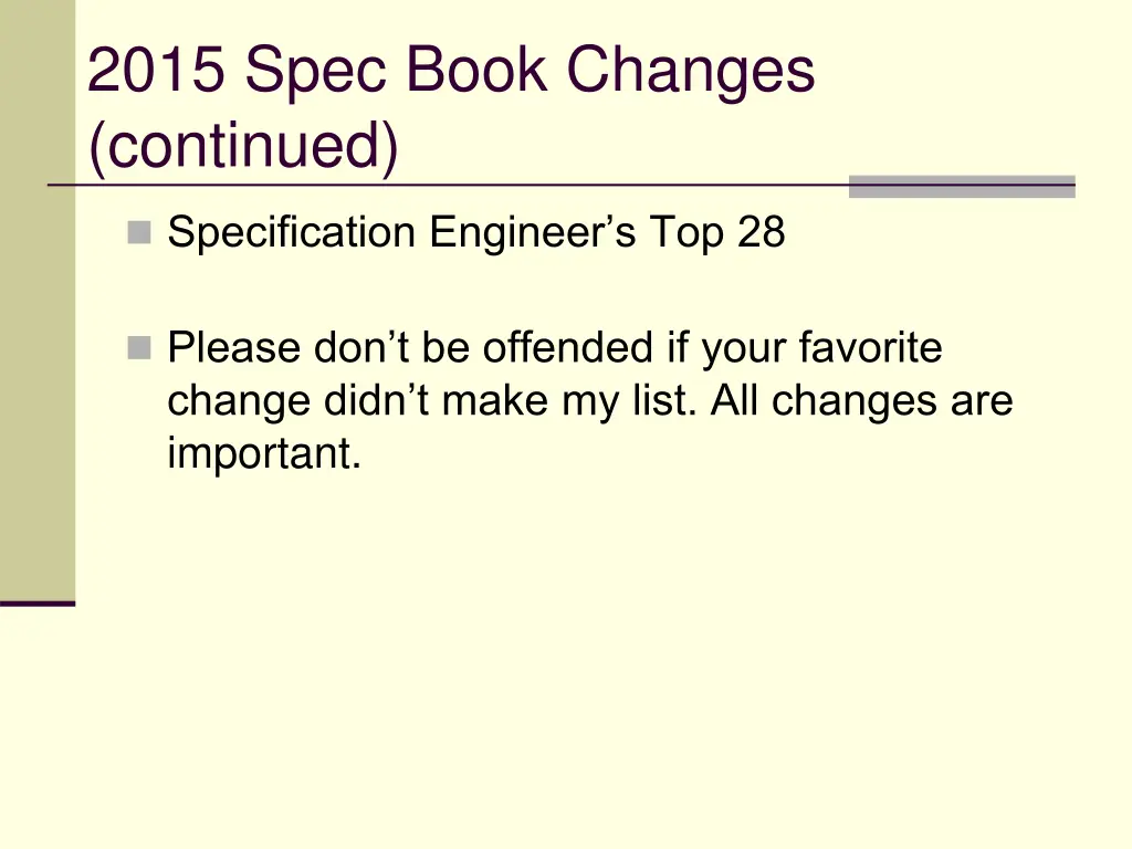 2015 spec book changes continued