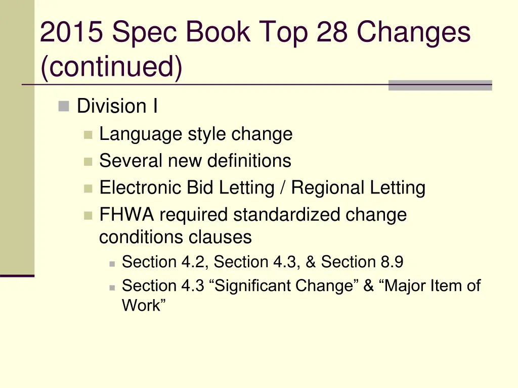 2015 spec book top 28 changes continued