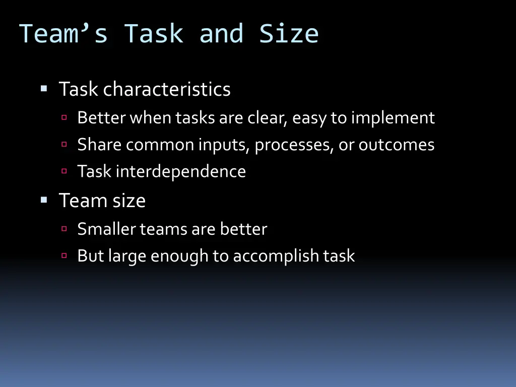team s task and size