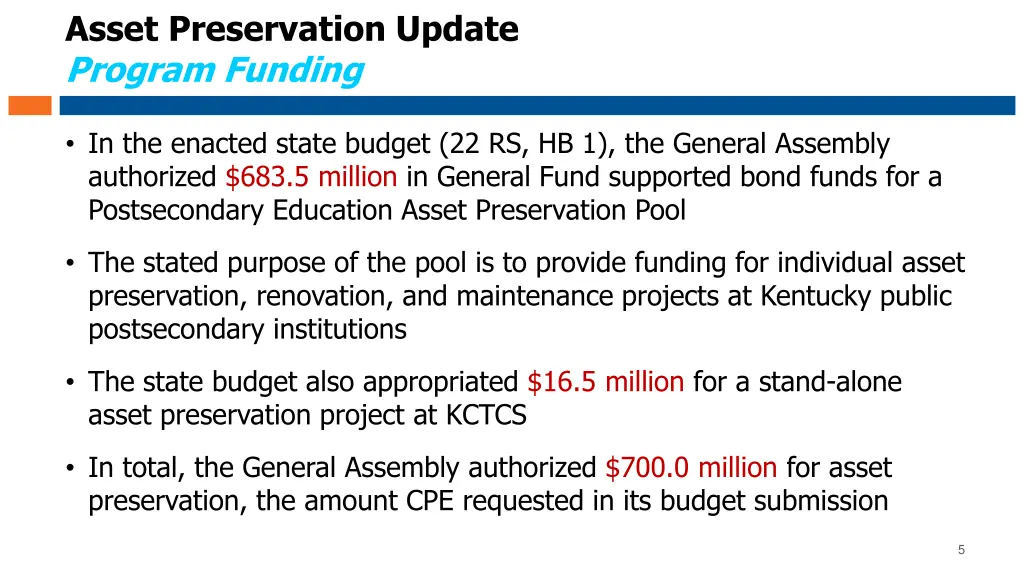 asset preservation update program funding