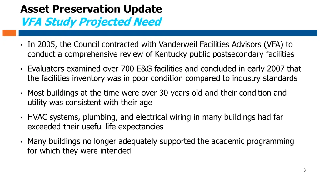 asset preservation update vfa study projected need