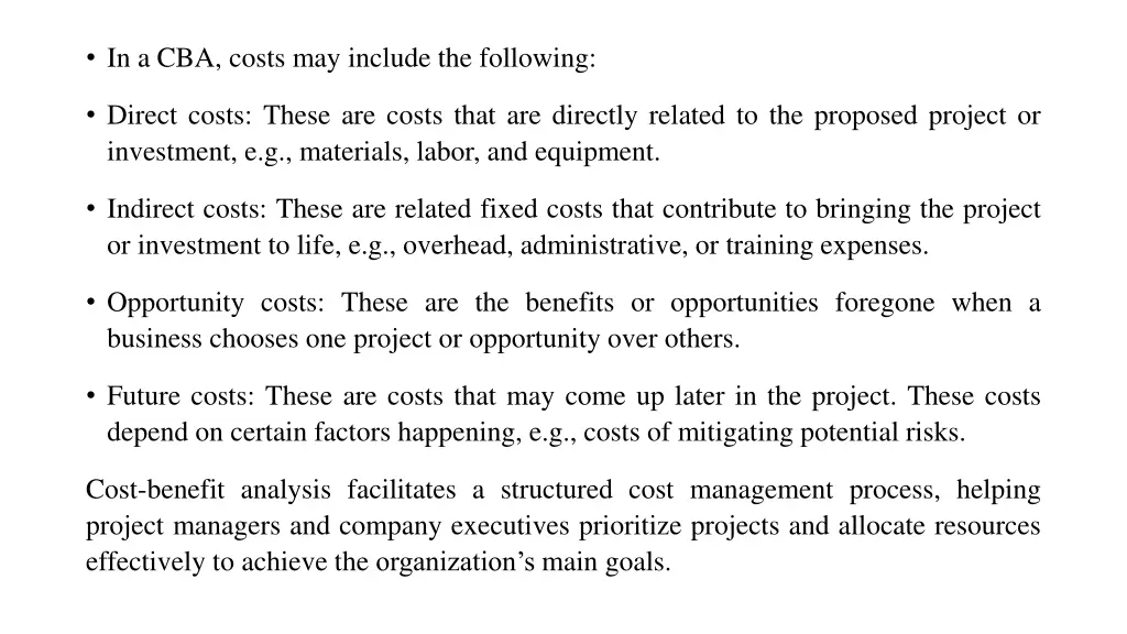 in a cba costs may include the following