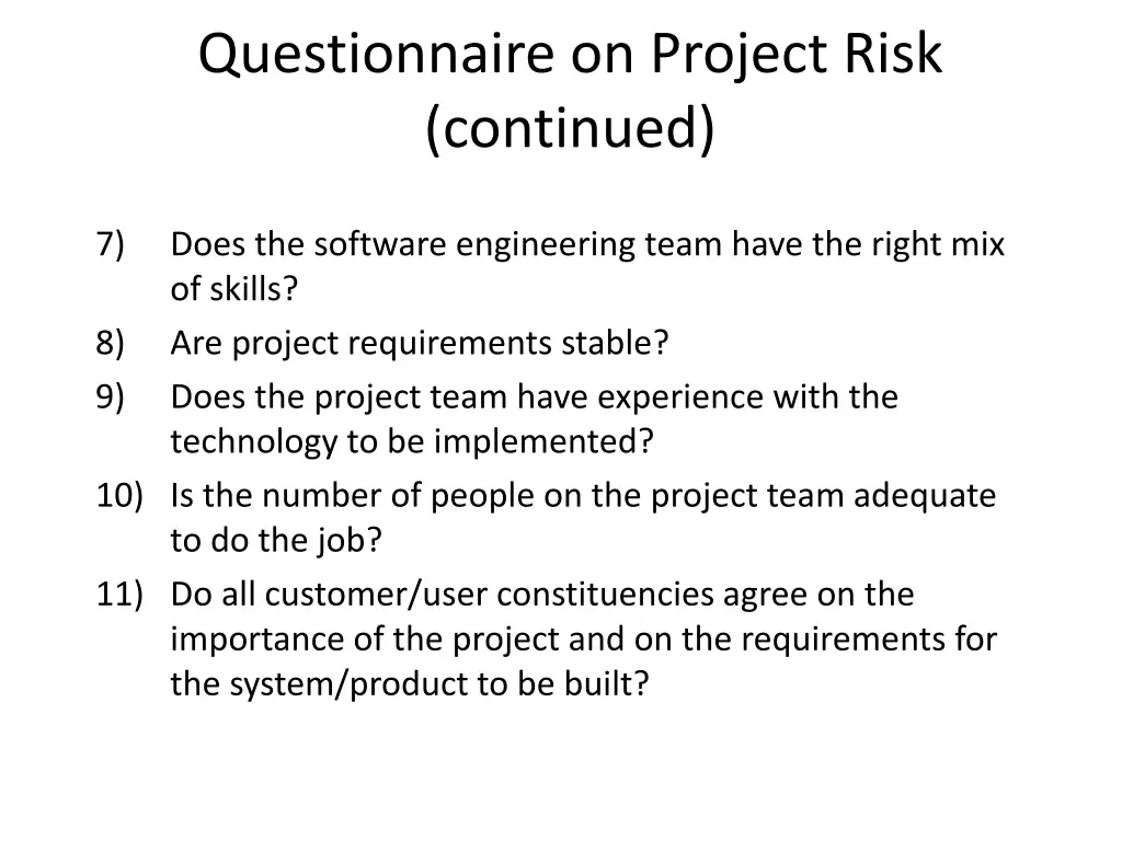 questionnaire on project risk continued