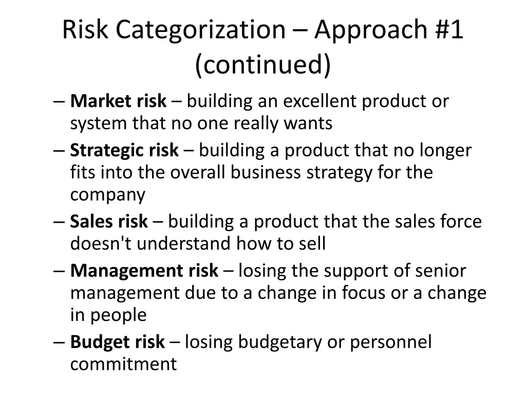 risk categorization approach 1 continued market
