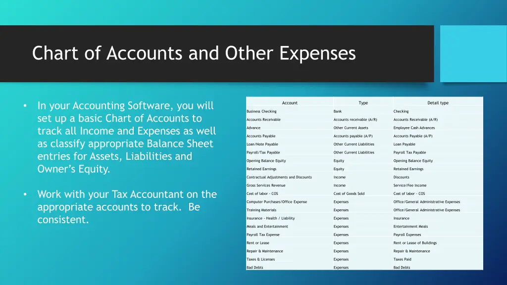 chart of accounts and other expenses