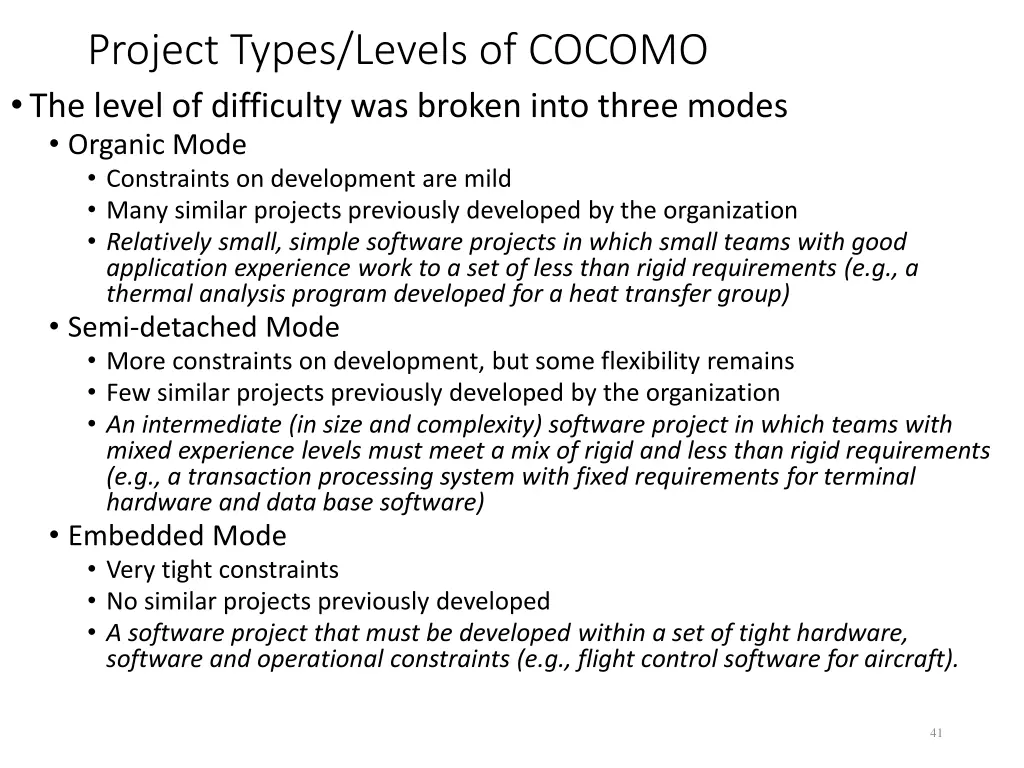 project types levels of cocomo the level