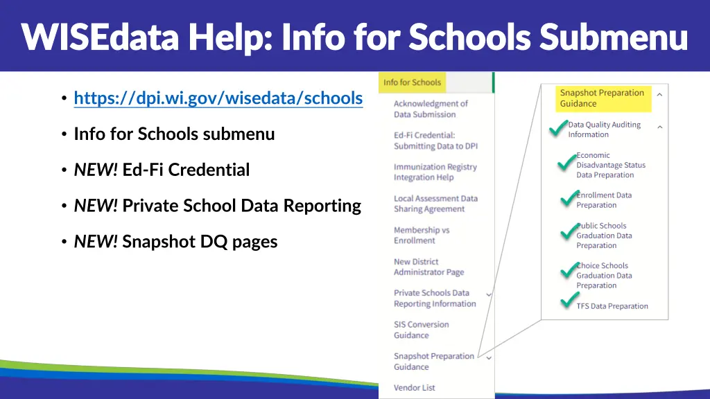 wisedata help info for schools submenu wisedata