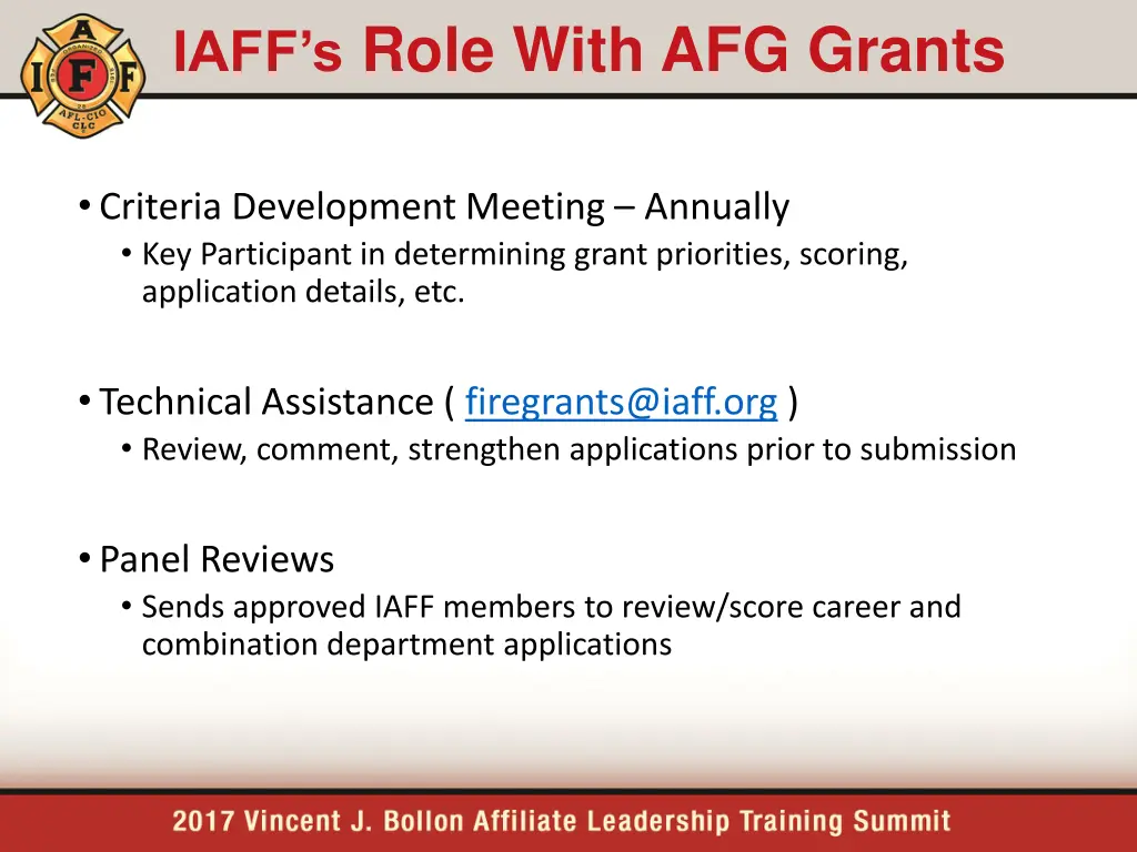 iaff s role with afg grants