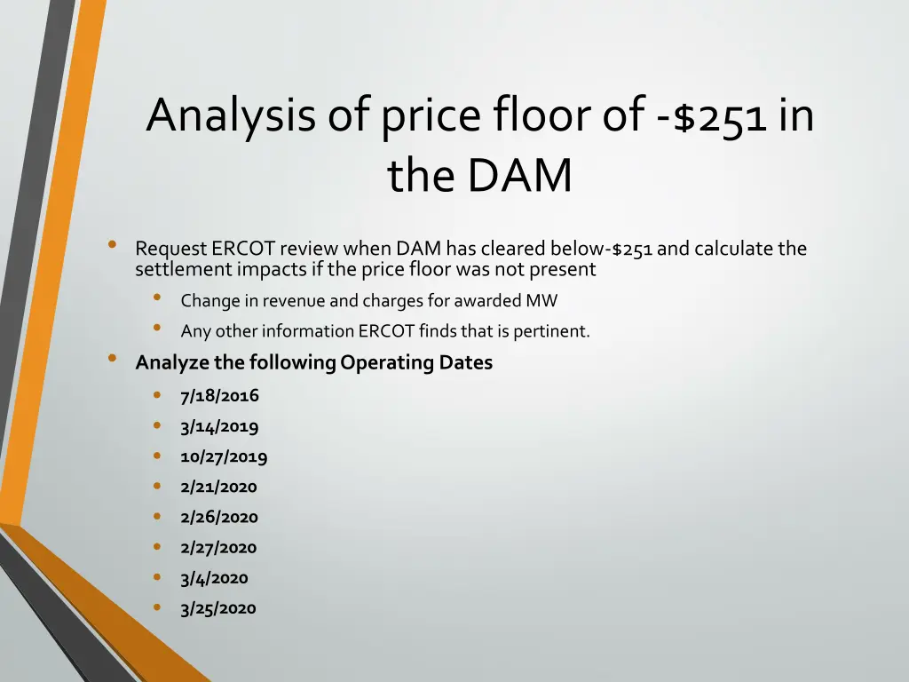 analysis of price floor of 251 in the dam