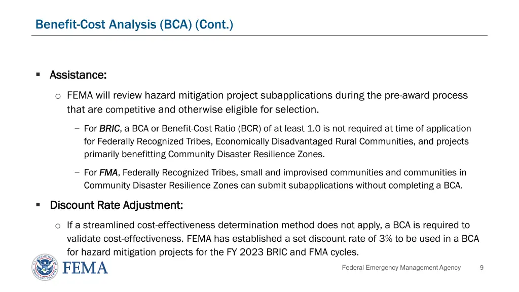 benefit cost analysis bca cont