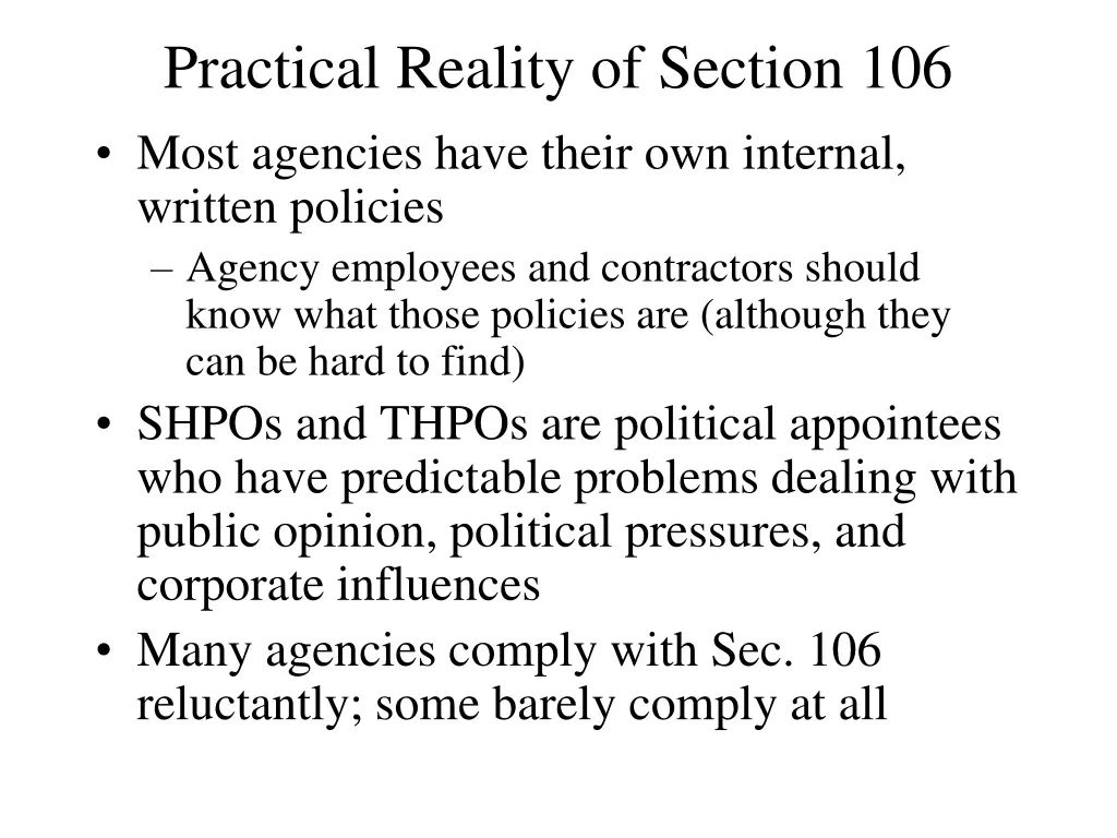 practical reality of section 106 most agencies