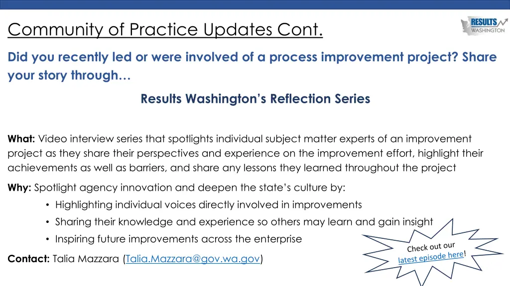 community of practice updates cont