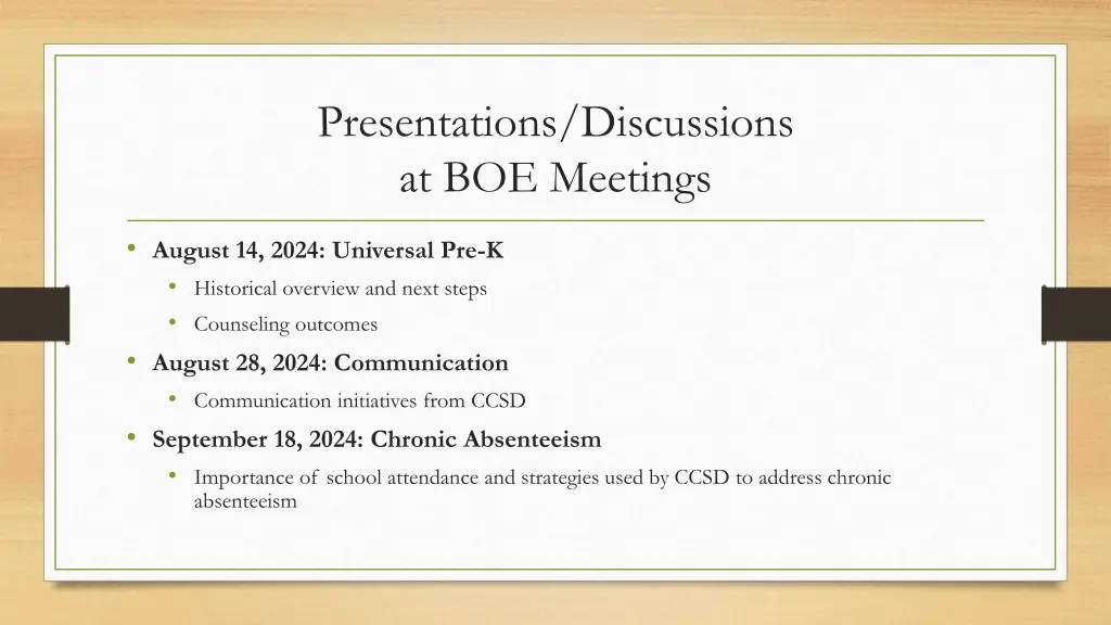 presentations discussions at boe meetings
