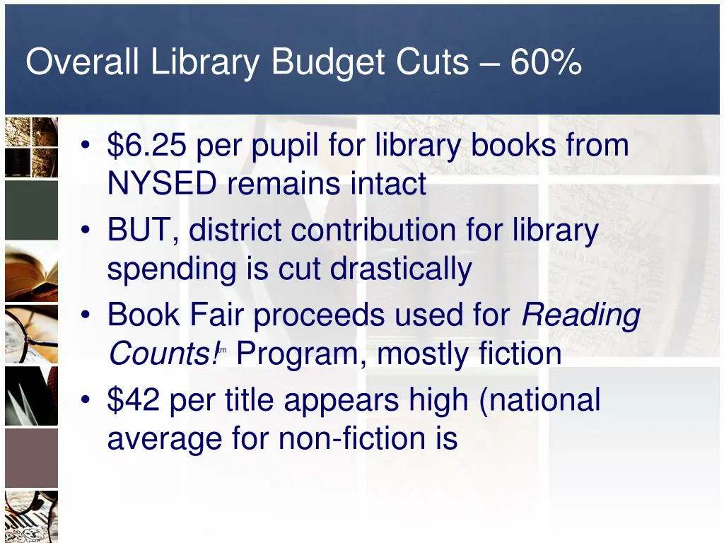 overall library budget cuts 60