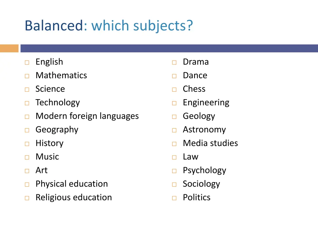 balanced which subjects