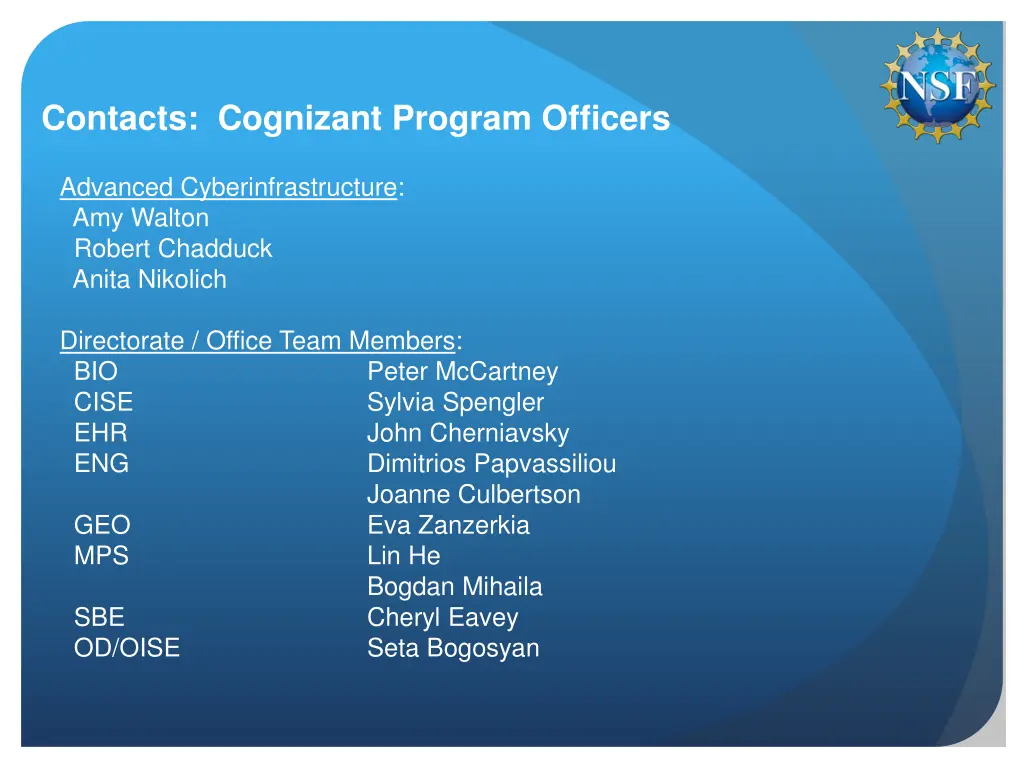 contacts cognizant program officers
