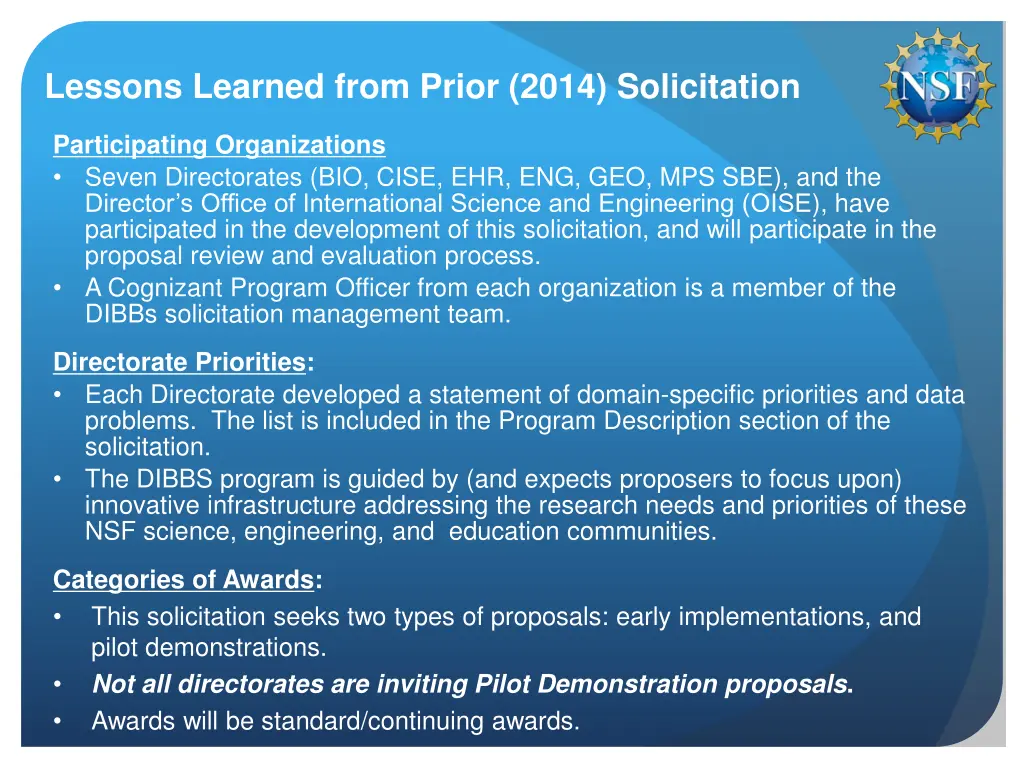 lessons learned from prior 2014 solicitation