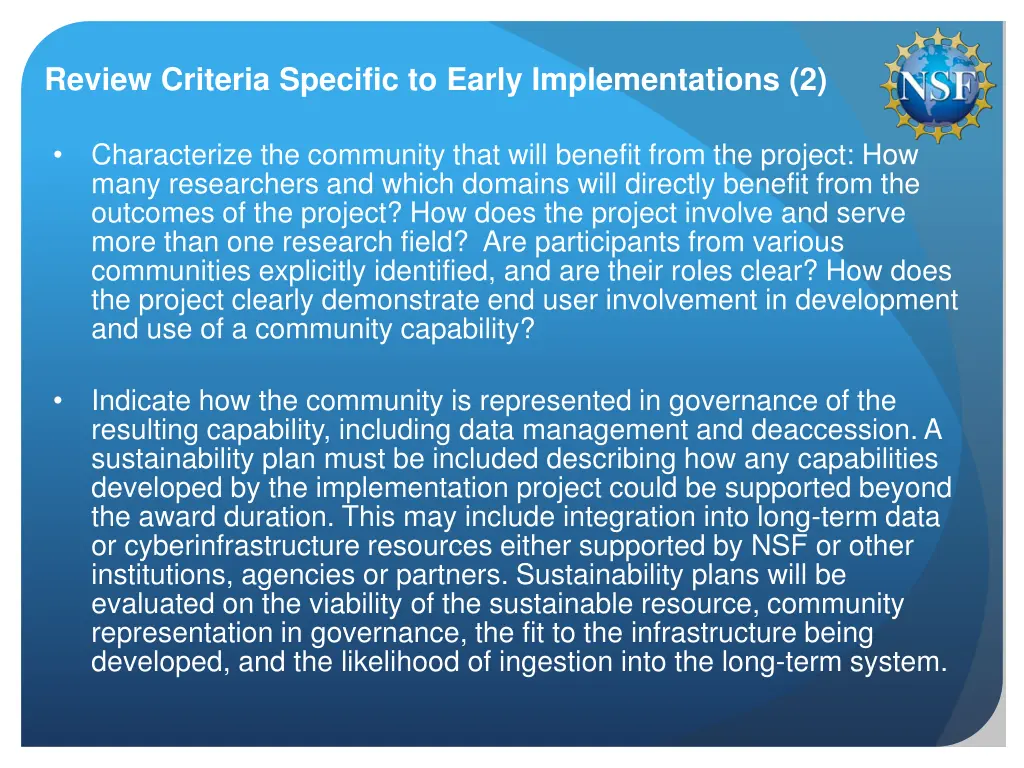 review criteria specific to early implementations 1