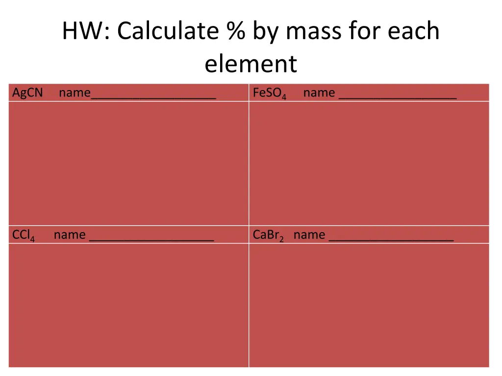hw calculate by mass for each element