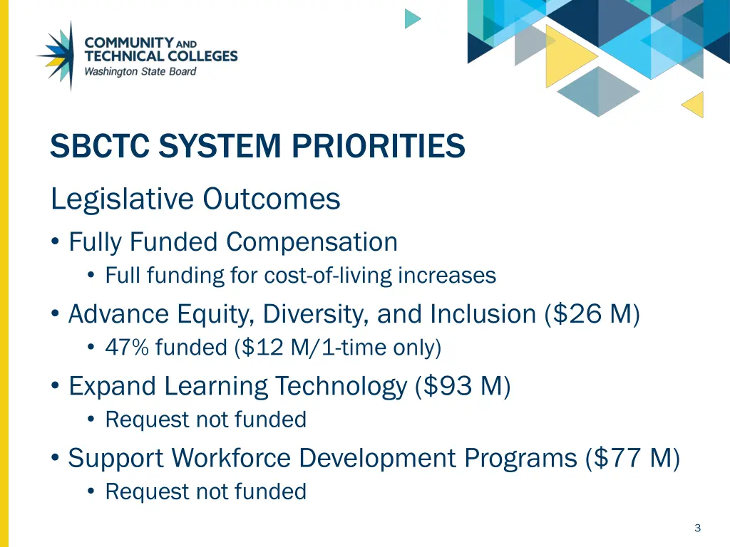 sbctc system priorities legislative outcomes