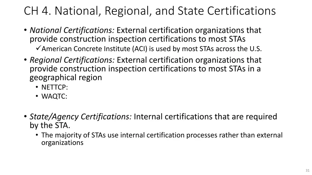 ch 4 national regional and state certifications