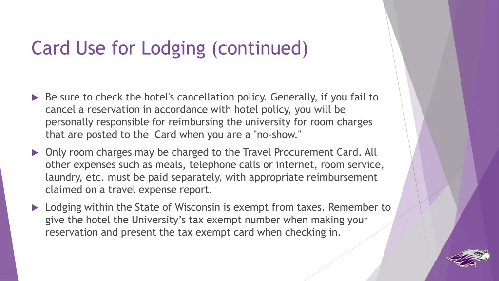 card use for lodging continued