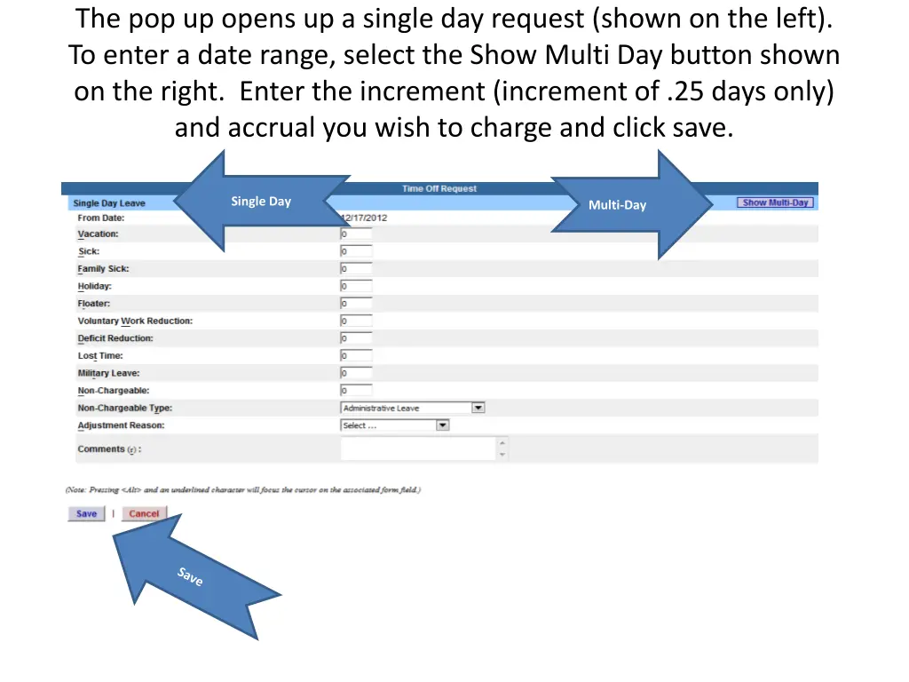 the pop up opens up a single day request shown