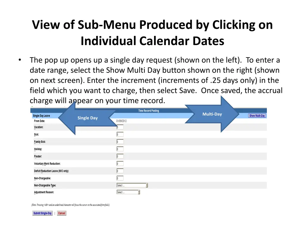 view of sub menu produced by clicking