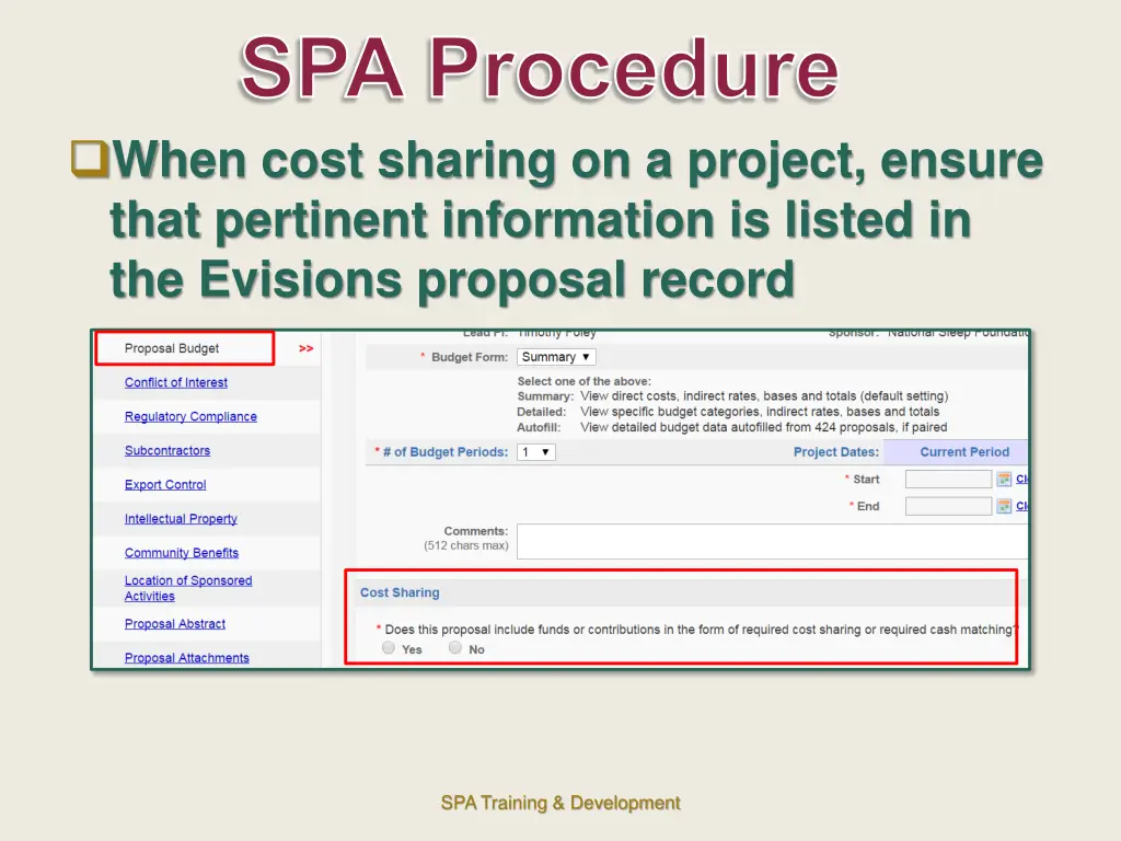 spa procedure when cost sharing on a project