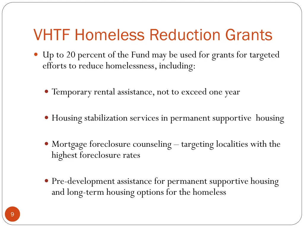 vhtf homeless reduction grants