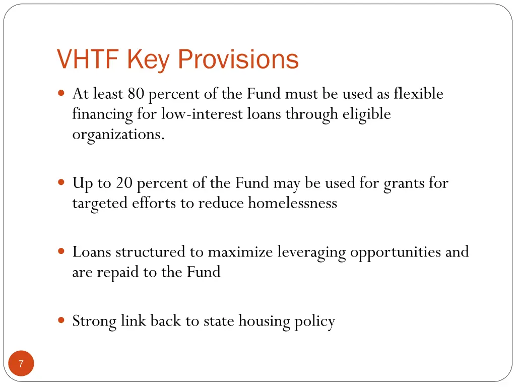 vhtf key provisions