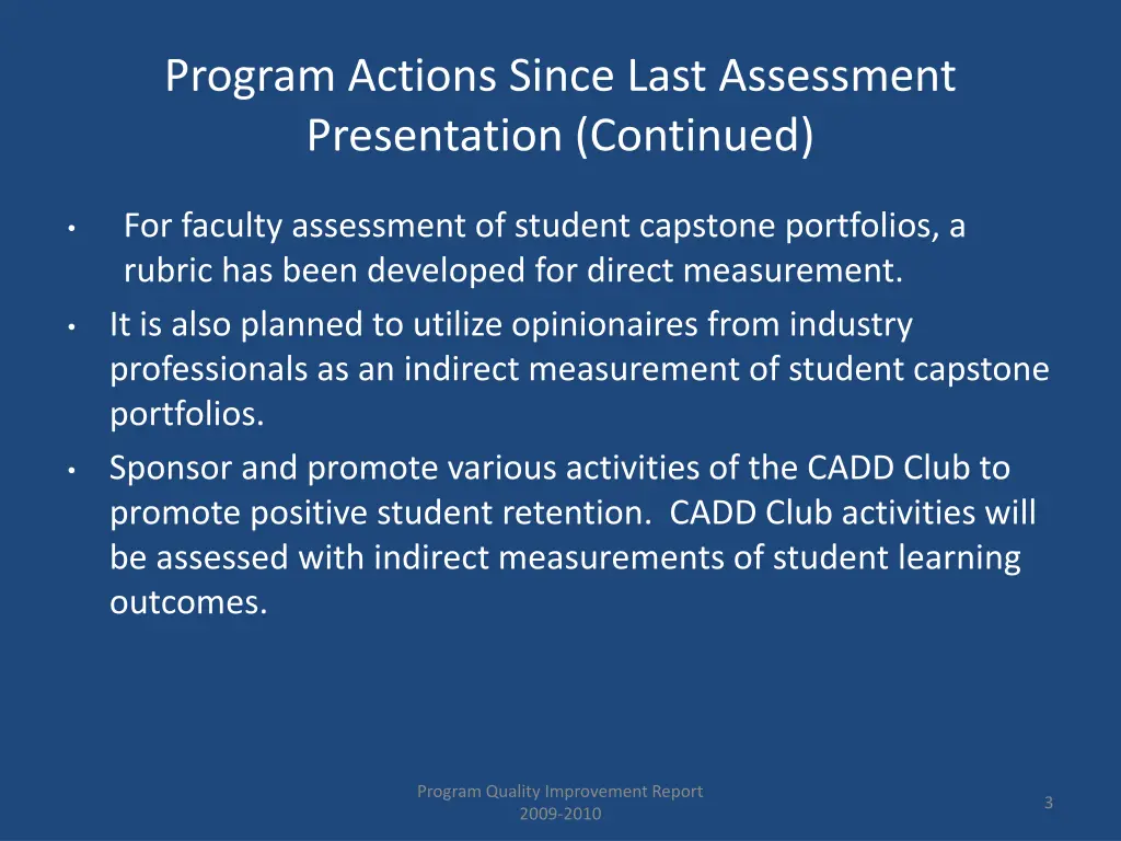program actions since last assessment