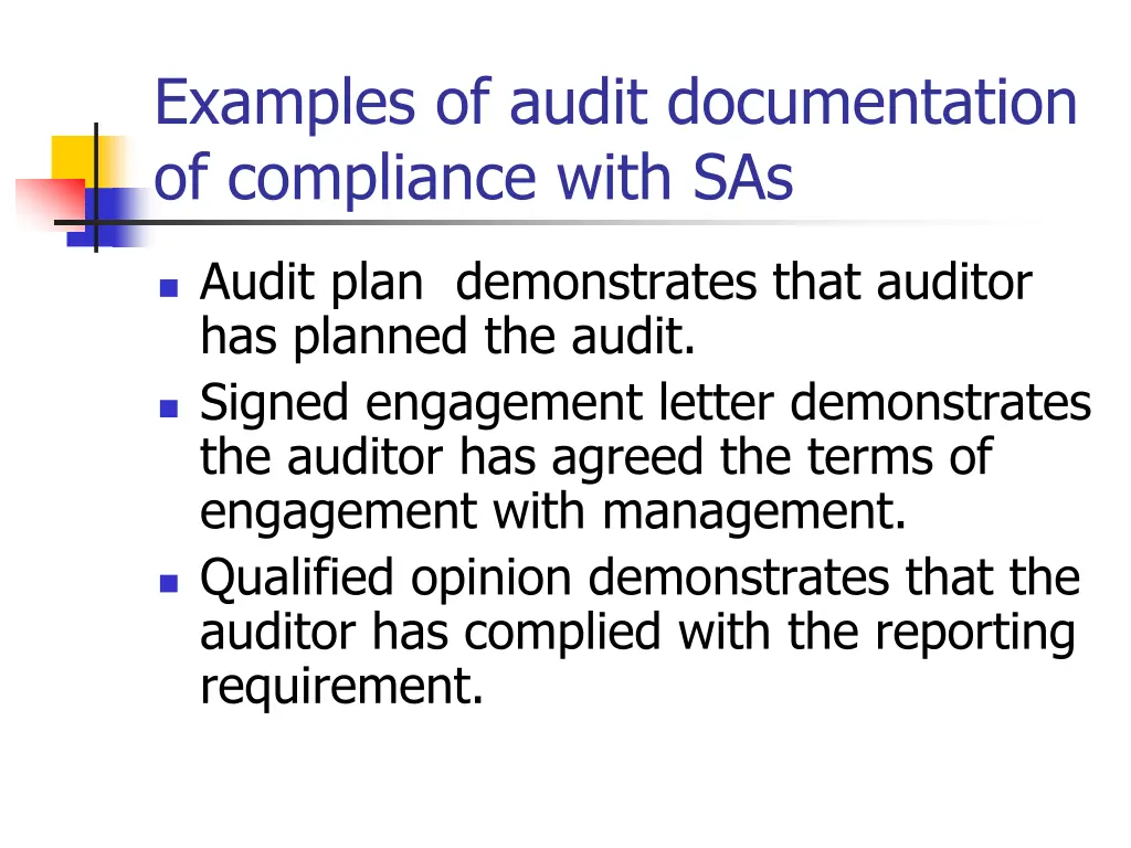 examples of audit documentation of compliance