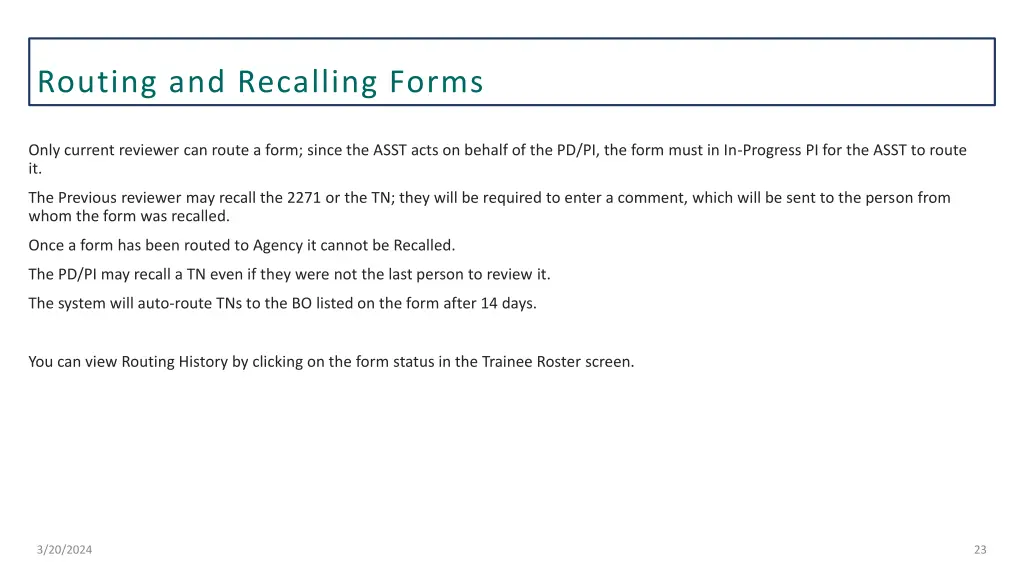 routing and recalling forms