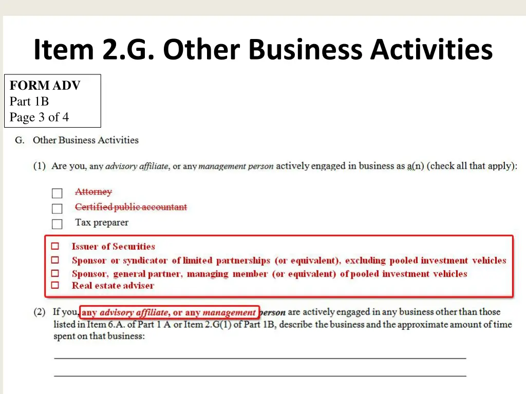 item 2 g other business activities