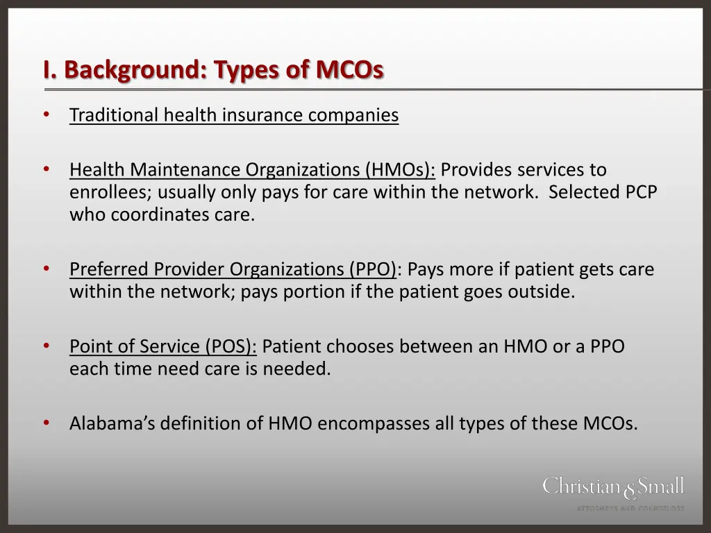 i background types of mcos