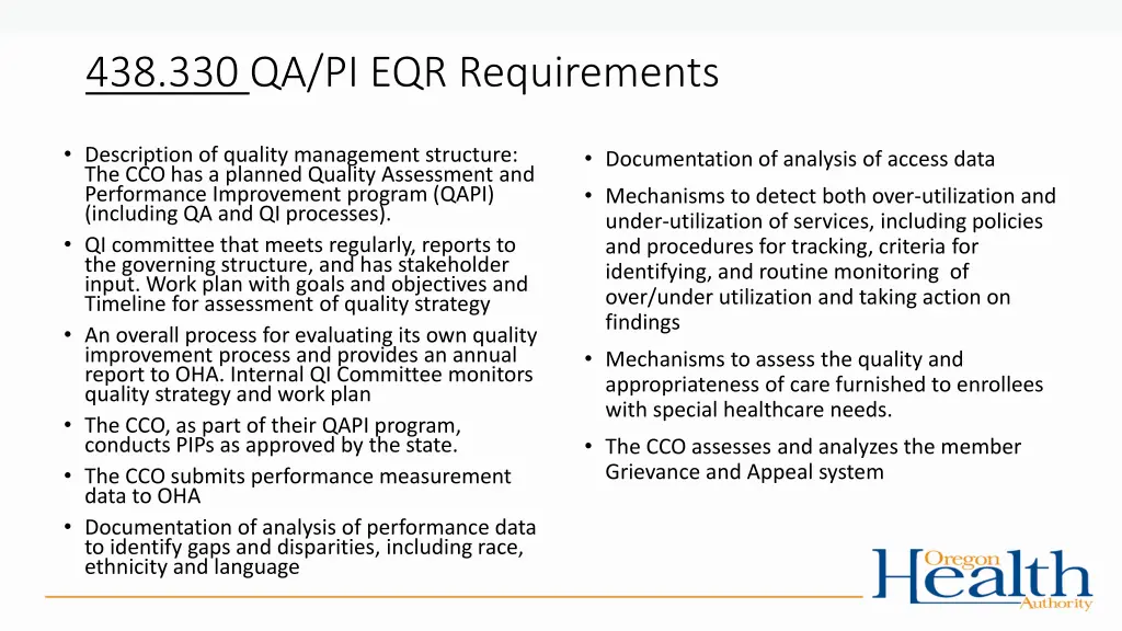 438 330 qa pi eqr requirements