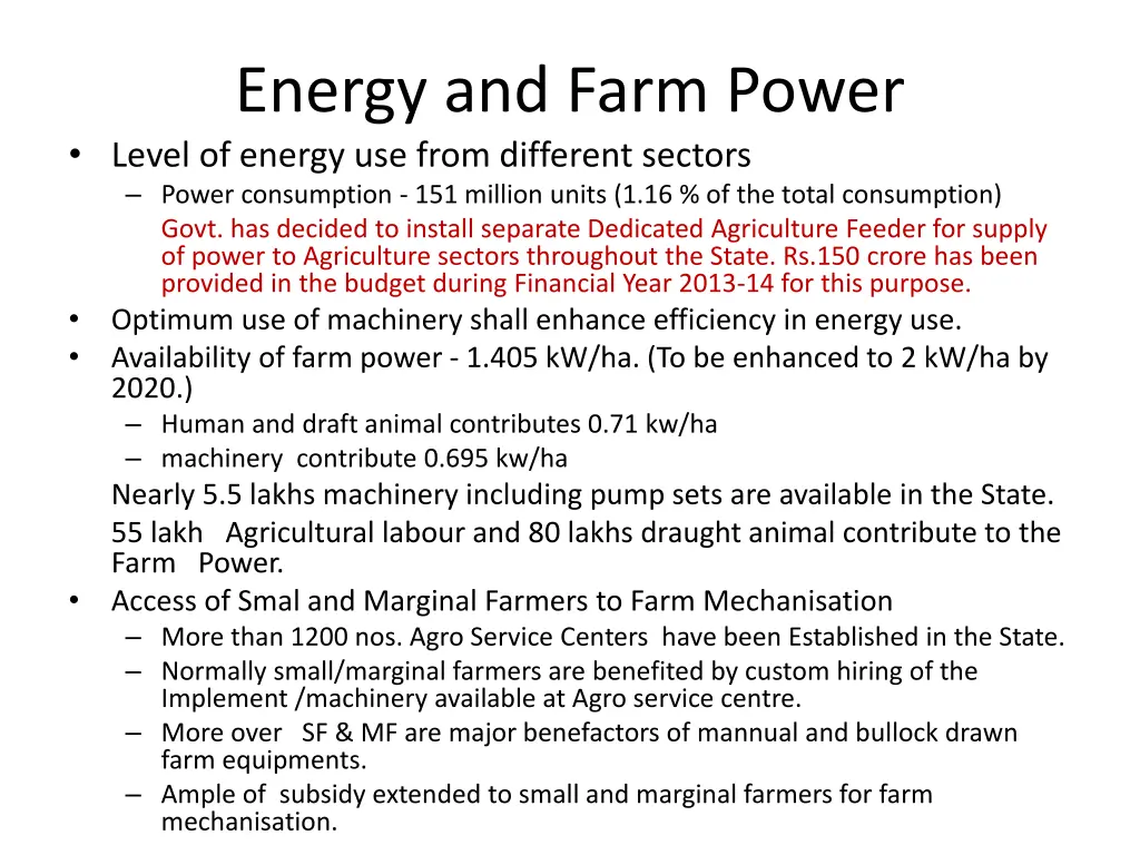 energy and farm power level of energy use from