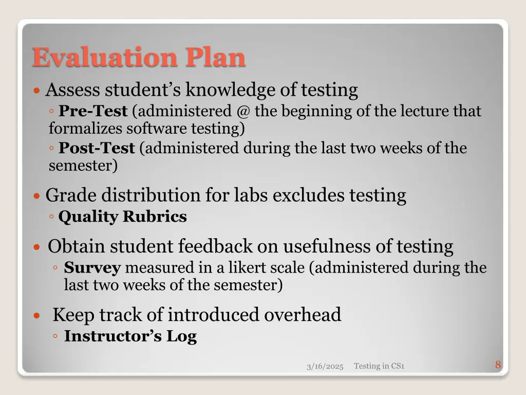 evaluation plan assess student s knowledge