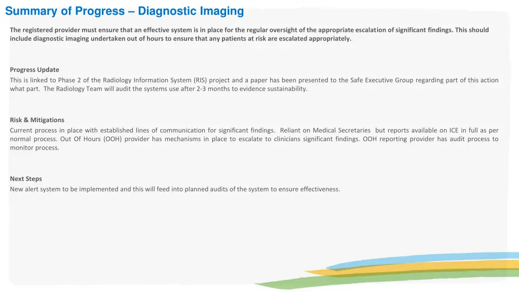 summary of progress diagnostic imaging